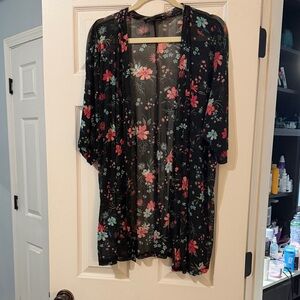 Lane Bryant Black Floral Kimono with Pink and Teal Flowers